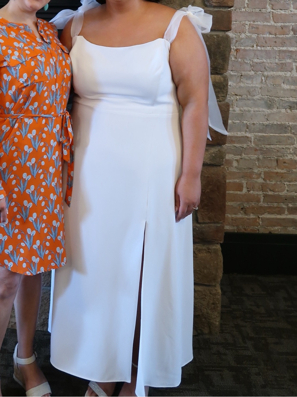 Park & Fifth White Tie-Shoulder Midi Dress with Front Slit for Wedding or Shower